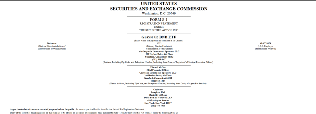 Grayscale files SEC registration for BNB ETF, allowing investors exposure to BNB through regulated Grayscale ETFs.