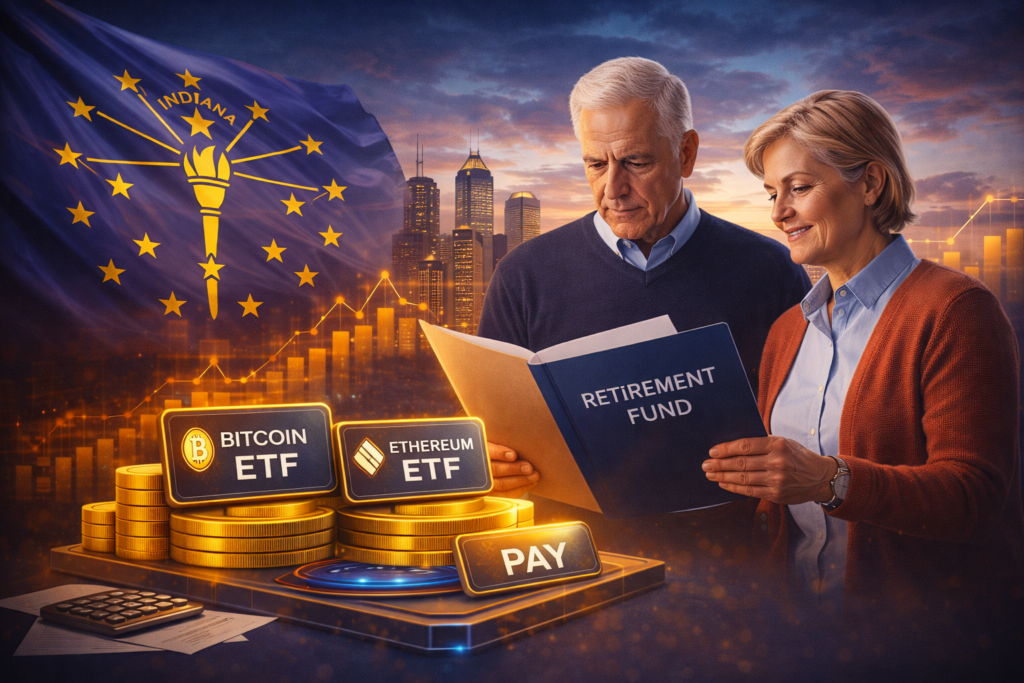 ndiana advances House Bill 1042, potentially allowing public retirement funds to access crypto ETFs, signaling cautious notable institutional adoption momentum.