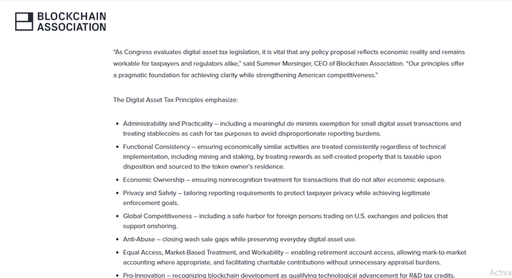 Blockchain Association releases crypto Tax Principles, proposing de minimis exemption, staking tax clarity, stablecoin treatment, and practical reporting reforms for Congress.