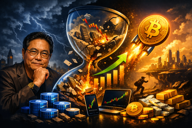 Robert Kiyosaki warns of 2026 market crash and says Bitcoin, gold, and silver could surge. He advises investors to keep cash ready for buying.