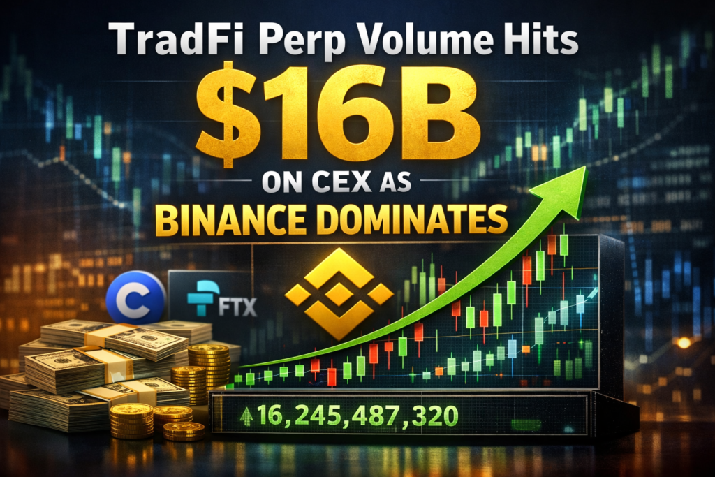 TradFi perpetual trading volume hits $16B on CEX while Binance leads market and Hyperliquid dominates DEX with record growth.