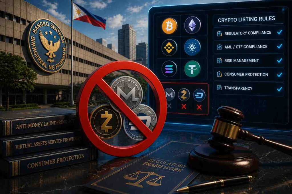 Philippine Central Bank bans privacy coins and introduces stricter token listing, monitoring, and delisting requirements for crypto firms.
