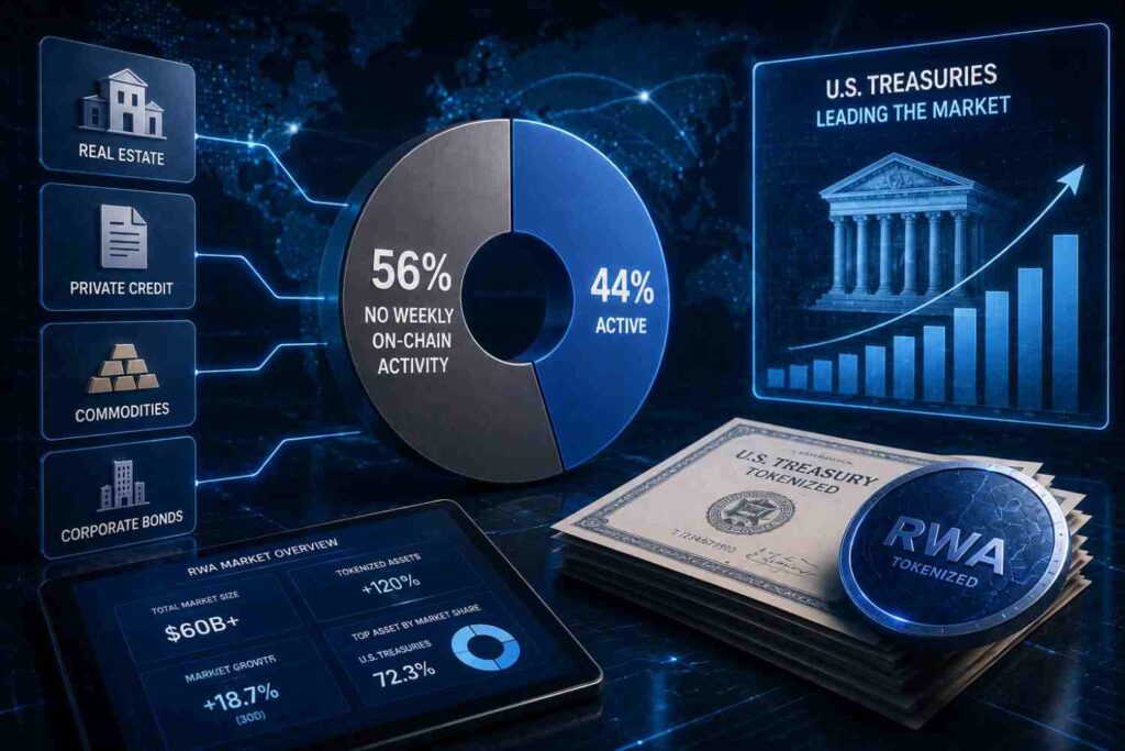A new report shows 56% of tokenized RWAs recorded no weekly on-chain activity, while tokenized U.S. Treasuries remain the only production-grade asset class.