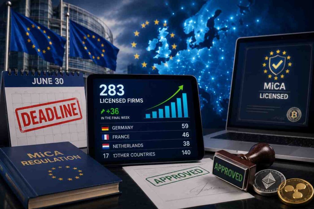 Europe’s MiCA deadline sparks a crypto licensing rush as 283 firms receive approvals. Germany leads, while Standard Chartered joins ESMA’s growing register.