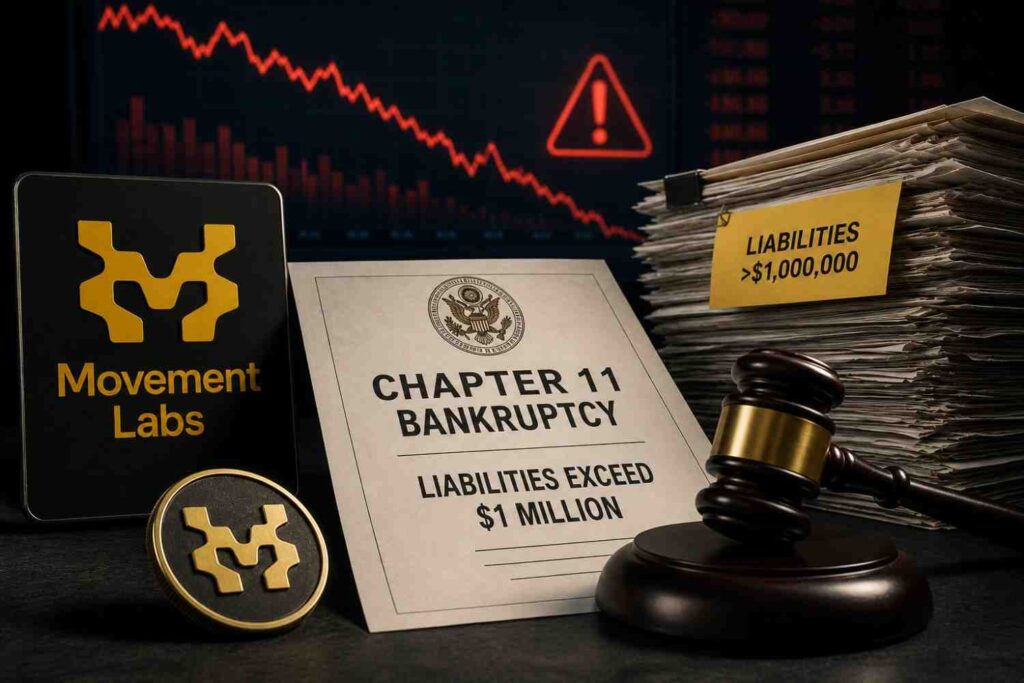  Movement Labs has filed for Chapter 11 bankruptcy after the MOVE token controversy, reporting over $1 million in liabilities and fewer than 300 creditors.
