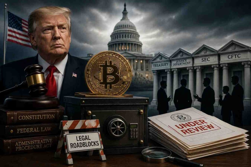 Trump’s Strategic Bitcoin Reserve plan faces legal delays as U.S. agencies debate Bitcoin custody, regulation, and management under federal law.