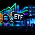 Crypto ETF shelf showing Solana, Dogecoin, Litecoin and Hedera funds beside Bitcoin and Ethereum