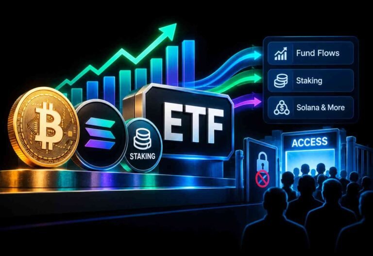 Crypto ETF shelf showing Solana, Dogecoin, Litecoin and Hedera funds beside Bitcoin and Ethereum