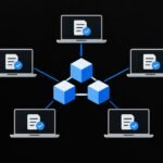 Decentralized ledger technology shown as a network of connected nodes sharing one record