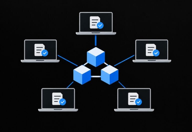 Decentralized ledger technology shown as a network of connected nodes sharing one record